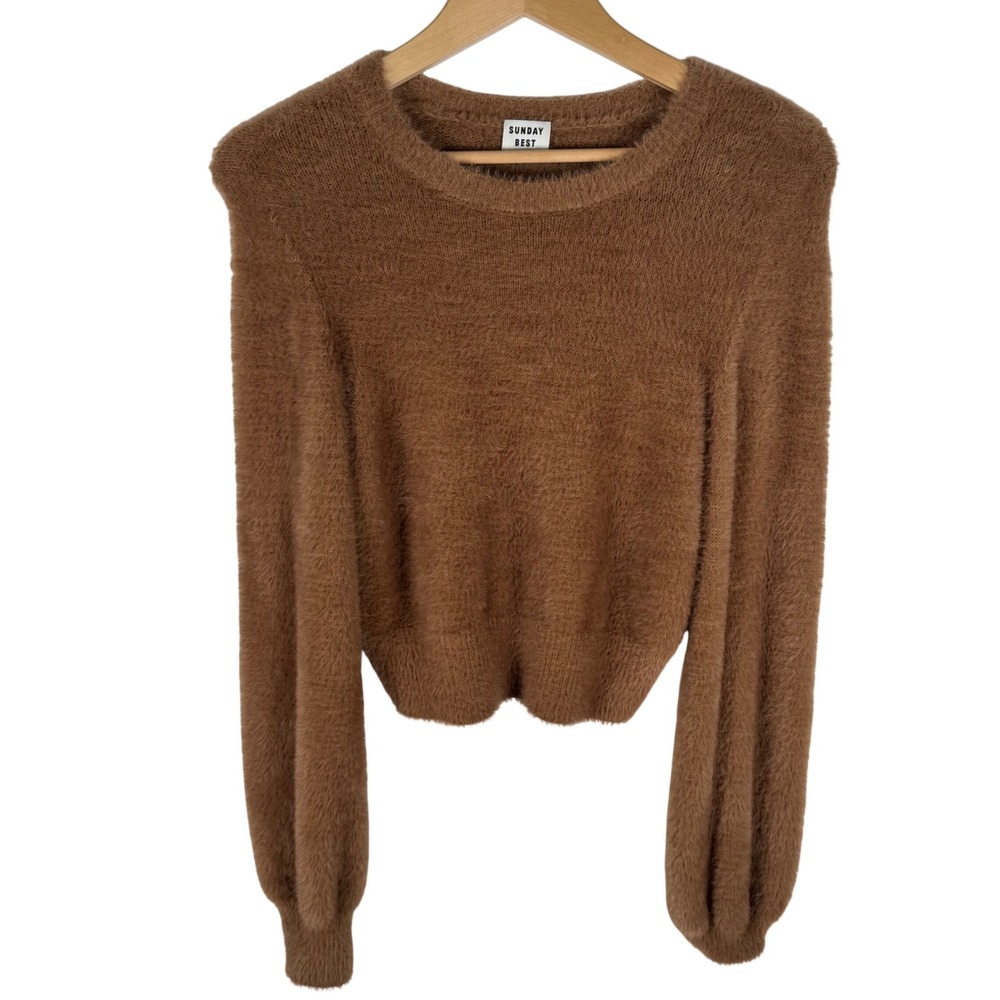 Sunday Best Aritzia Eyelash Knit Sweater Womens S Kitten Crew Neck Cropped Brown